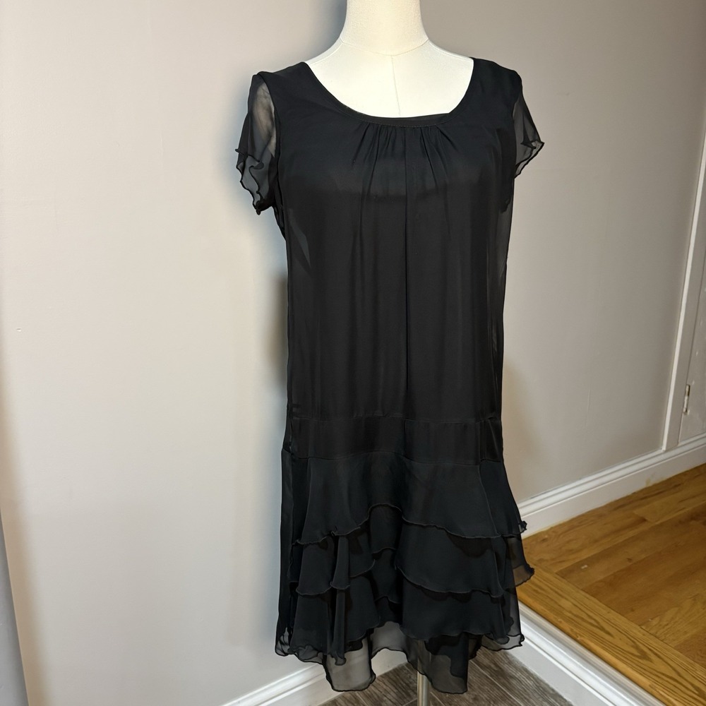 Black Tiered Sheer Short Sleeve Ruffle Dress LUX Sz M Whimsigoth Fairy Witchy